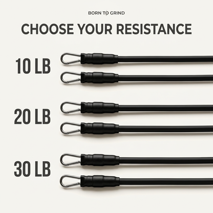 Born to Grind black resistance bands showing 10 lb, 20 lb, and 30 lb strengths