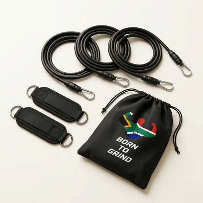 Born to Grind resistance band kit with black bands, straps and branded drawstring bag
