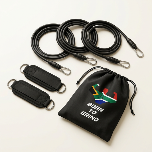Born to Grind resistance band kit with black bands, straps and branded drawstring bag